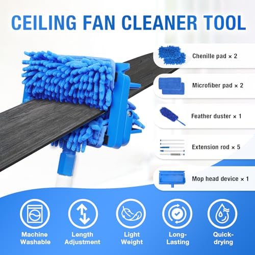 Limpiador de Ventiladores de Techo con Extensión de 72 y 4 Paños Reutilizables, Herramienta Flexible de Microfibra para Limpieza de Aspas, Zócalos, - imagen 3