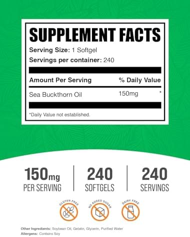 Softgels de Aceite de Espino Marino BulkSupplements.com - Suplemento de Omega-7, Libre de Gluten, 1 Softgel (150mg) por Porción, 240 Softgels - imagen 2