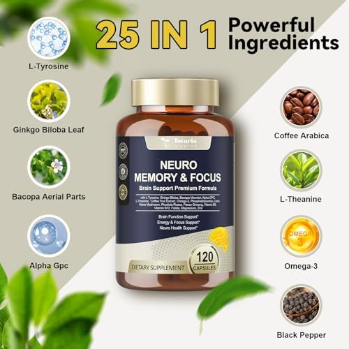 Suplementos Cerebrales 25 en 1 para Memoria y Enfoque - Nootrópico Cognitivo Diario con L-Tirosina, Bacopa Monnieri, Ginkgo Biloba, Alpha GPC - Sin - imagen 2