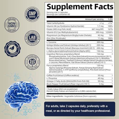 Suplementos Cerebrales 25 en 1 para Memoria y Enfoque - Nootrópico Cognitivo Diario con L-Tirosina, Bacopa Monnieri, Ginkgo Biloba, Alpha GPC - Sin - imagen 4