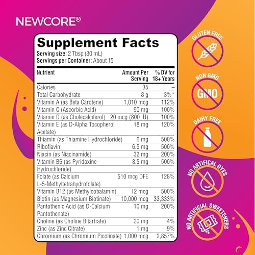 NEWCORE Multivitamínico Líquido para Mujeres – Promueve Cabello Más Fuerte y Piel Suave – con Biotina, Colágeno y Vitaminas – Vegano, No Transgénico - imagen 2