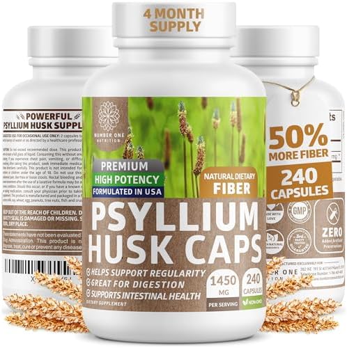 Cápsulas de Psyllium Husk N1N de Number One Nutrition [100% Natural, 1450 MG] Suplemento de Fibra Soluble para la Regularidad y Salud Digestiva, 240 - imagen 1