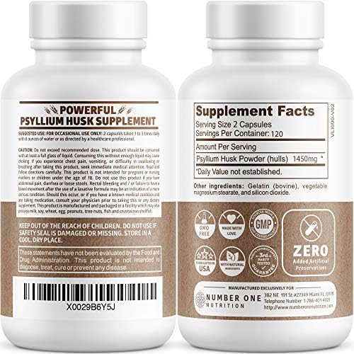 Cápsulas de Psyllium Husk N1N de Number One Nutrition [100% Natural, 1450 MG] Suplemento de Fibra Soluble para la Regularidad y Salud Digestiva, 240 - imagen 2