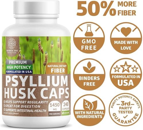 Cápsulas de Psyllium Husk N1N de Number One Nutrition [100% Natural, 1450 MG] Suplemento de Fibra Soluble para la Regularidad y Salud Digestiva, 240 - imagen 5