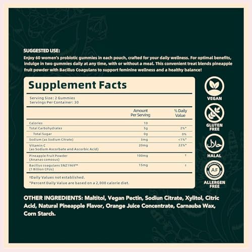 Gomitas Probióticas para Mujeres – Equilibrio de pH Femenino y Soporte de Flora Vaginal – Salud Digestiva – Veganas y Sin Gluten – Piña Hawaiana – 60 - imagen 7