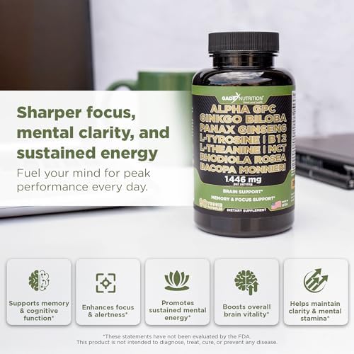 Gade Nutrition Alpha GPC + Ginkgo Biloba + Ginseng Panax + L-Tirosina, L-Teanina, Bacopa Monnieri, Rhodiola Rosea, B12, MCT - imagen 2