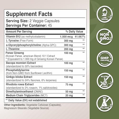 Gade Nutrition Alpha GPC + Ginkgo Biloba + Ginseng Panax + L-Tirosina, L-Teanina, Bacopa Monnieri, Rhodiola Rosea, B12, MCT - imagen 4