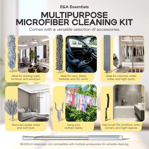 Duster de Microfibra con Polo Extensible de 100 Pulgadas, 8 Piezas, Cepillo de Limpieza para Techos Altos, Telarañas, Persianas y Autos, Reutilizable - imagen 6