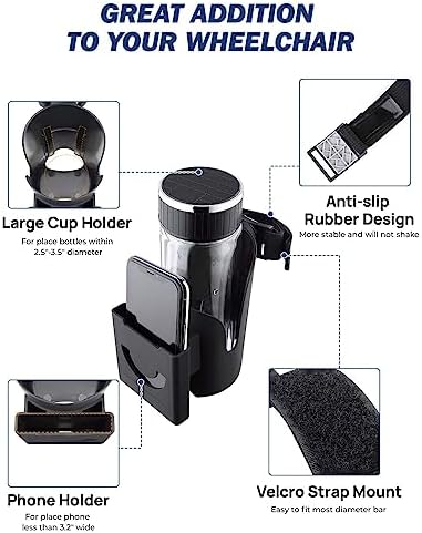 Soporte para Taza JOYTUTUS para Silla de Ruedas, 2 en 1 Soporte para Botella de Agua y Teléfono, Universal para Andador, Rollator, Cochecito, Scooter - imagen 3