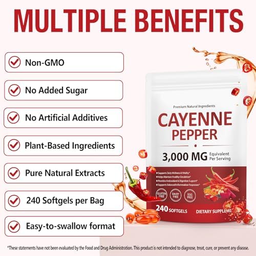 Cápsulas de Pimienta de Cayena Liefiet 3000mg, 240 Softgels con Vitaminas E, D3 y K2, Apoya la Circulación Saludable y Energía Diaria - imagen 6
