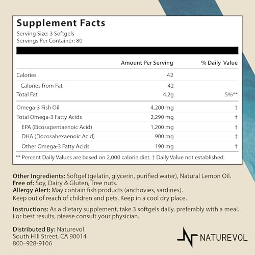 NATUREVOL Aceite de Pescado Omega-3 Triple Fuerza 4200mg – 1200mg EPA + 900mg DHA | Gelatinas Blandas Sin Sabor | Pescado Salvaje del Océano Profundo - imagen 2