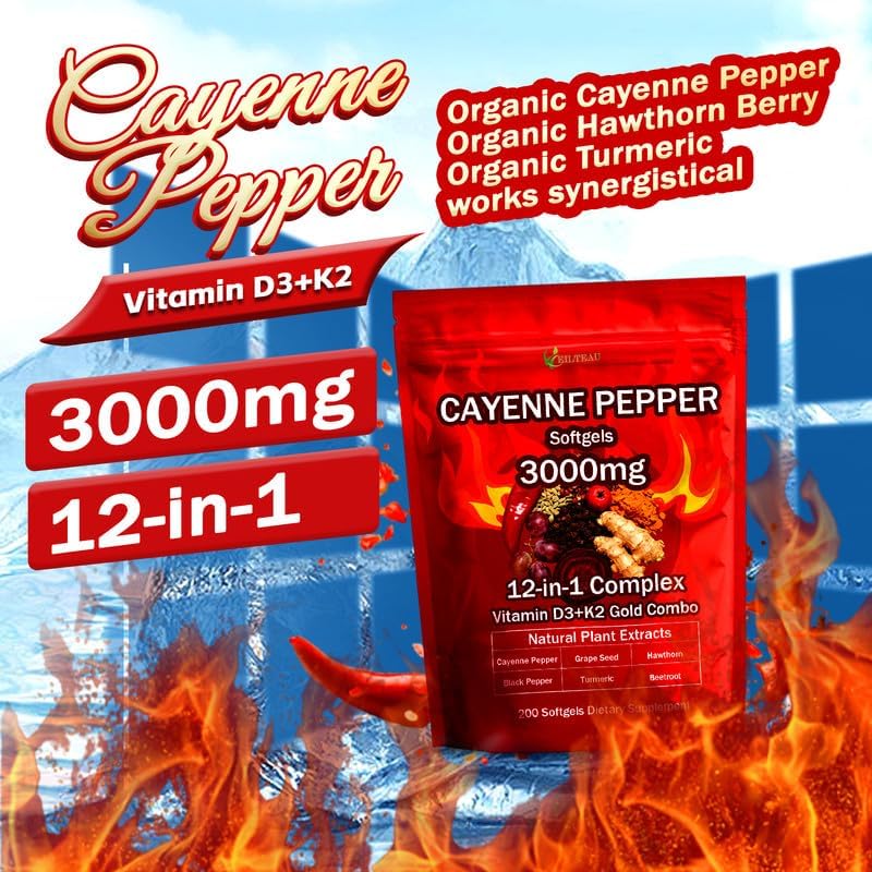 Suplemento de Cápsulas Blandas EILTEAU Aurivita con Pimienta de Cayena, Apoya la Salud de Venas, Corazón y Vasos Sanguíneos, con Vitamina E D3+K2 y - imagen 2