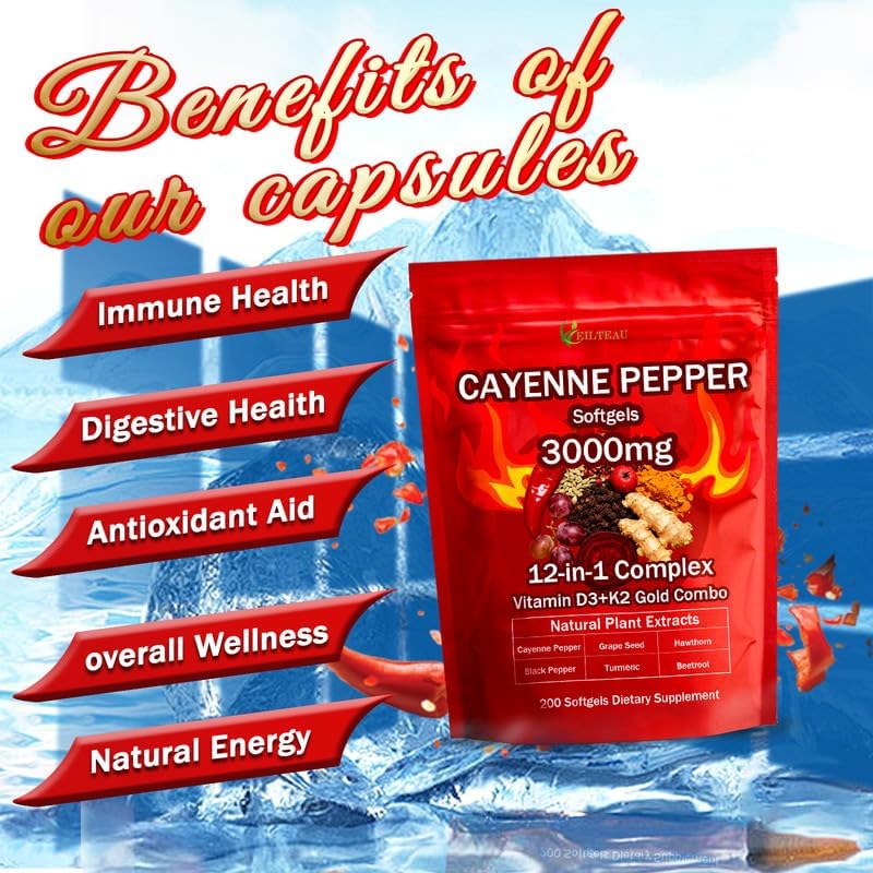 Suplemento de Cápsulas Blandas EILTEAU Aurivita con Pimienta de Cayena, Apoya la Salud de Venas, Corazón y Vasos Sanguíneos, con Vitamina E D3+K2 y - imagen 3