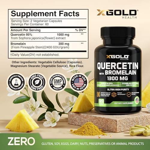 Quercetina + Bromelina 1,300mg: 95% Purificada y Bioavailable + Bromelina 2,400 GDU/g - Hecho en EE. UU. | 120 Cápsulas - imagen 2