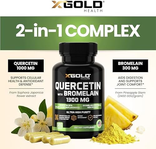 Quercetina + Bromelina 1,300mg: 95% Purificada y Bioavailable + Bromelina 2,400 GDU/g - Hecho en EE. UU. | 120 Cápsulas - imagen 3