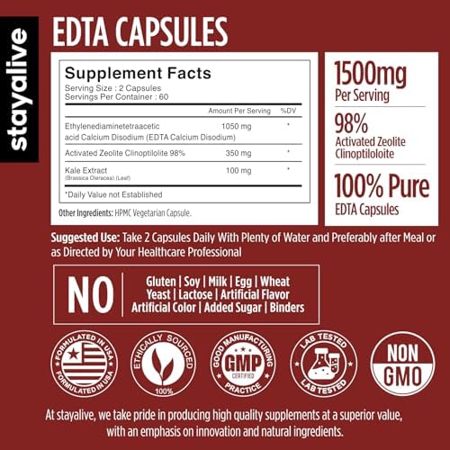 Cápsulas STAY ALIVE EDTA 1500mg con Zeolita 98% y Extracto de Col Rizada, 120 Píldoras, Suplemento de EDTA de Calcio Disódico Sin OGM y Sin Gluten - imagen 2