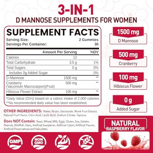 Gomitas NATISLAND D-Mannosa con Arándano, Suplementos de 1500mg para Mujeres, Salud del Tracto Urinario, Veganas, Sin Azúcar, Sabor Frambuesa, 60 - imagen 2