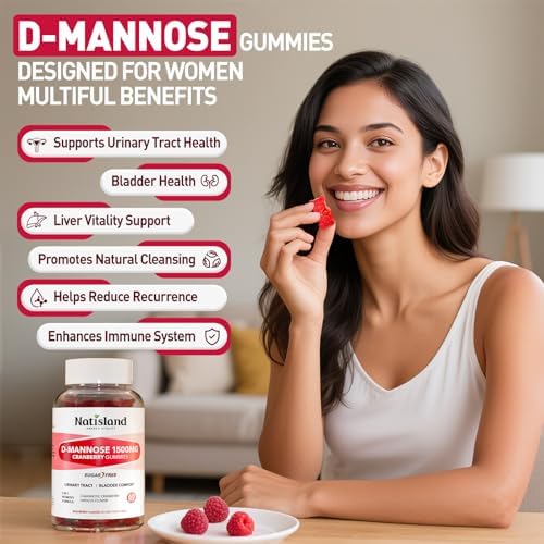Gomitas NATISLAND D-Mannosa con Arándano, Suplementos de 1500mg para Mujeres, Salud del Tracto Urinario, Veganas, Sin Azúcar, Sabor Frambuesa, 60 - imagen 5