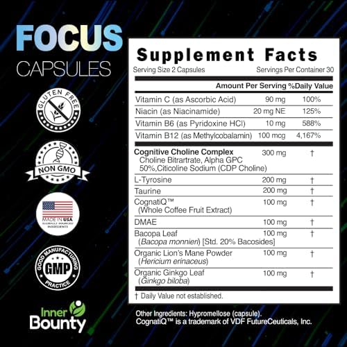 Suplemento Nootrópico Inner Bounty Focus 14 en 1 con Melena de León, Alpha GPC, Vitamina C y B12, Taurina, Bacopa - Energía y Soporte Cognitivo, 60 - imagen 3