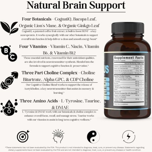 Suplemento Nootrópico Inner Bounty Focus 14 en 1 con Melena de León, Alpha GPC, Vitamina C y B12, Taurina, Bacopa - Energía y Soporte Cognitivo, 60 - imagen 5