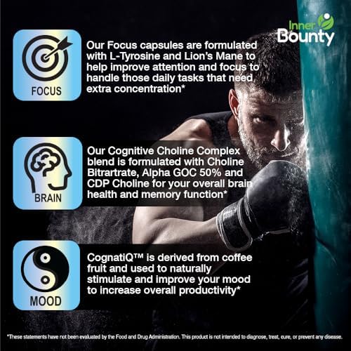 Suplemento Nootrópico Inner Bounty Focus 14 en 1 con Melena de León, Alpha GPC, Vitamina C y B12, Taurina, Bacopa - Energía y Soporte Cognitivo, 60 - imagen 8