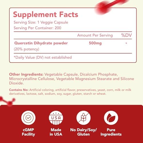 Cápsulas de Quercetina 500mg de Alta Potencia - Suplemento Antioxidante Vegano para Corazón, Piel, Cerebro e Inmunidad - Sin Gluten, Hecho en EE. UU. - imagen 2