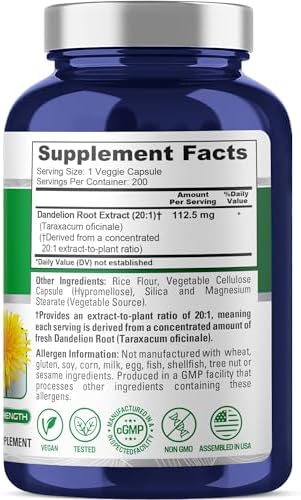 Cápsulas de Raíz de Diente de León NusaPure, 112.5 mg, 200 Veganas (Sin OGM, Veganas) - imagen 2