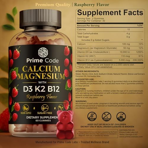 Gomitas de Calcio 5 en 1 para Mujeres y Hombres con Magnesio, Vitamina B12, K2 y D3 | Suplemento Vegano de Calcio (100mg) y Magnesio (50mg) - imagen 2
