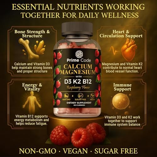 Gomitas de Calcio 5 en 1 para Mujeres y Hombres con Magnesio, Vitamina B12, K2 y D3 | Suplemento Vegano de Calcio (100mg) y Magnesio (50mg) - imagen 5