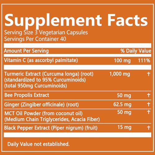 Suplemento de Cúrcuma Curcumina 95 1000mg - Complejo de Cúrcuma 95% con Propolis, Jengibre, Aceite MCT, Vitamina C Liposoluble y Pimienta Negra, Sin - imagen 2