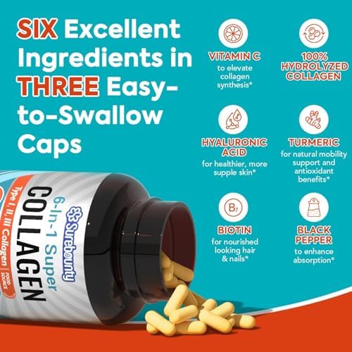 Complejo Multi Colágeno Surebounty, Tipo I, II, III, 6 en 1, Super Colágeno con Vitamina C, Ácido Hialurónico, Biotina, Cúrcuma, Pimienta Negra, - imagen 3