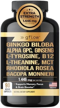 Suplemento de Ginkgo Biloba Gflow con Alpha GPC, Panax Ginseng, L-Tirosina, L-Teanina, Bacopa monnieri, Rhodiola Rosea, Fosfatidilserina, B12, MCT y - imagen 1