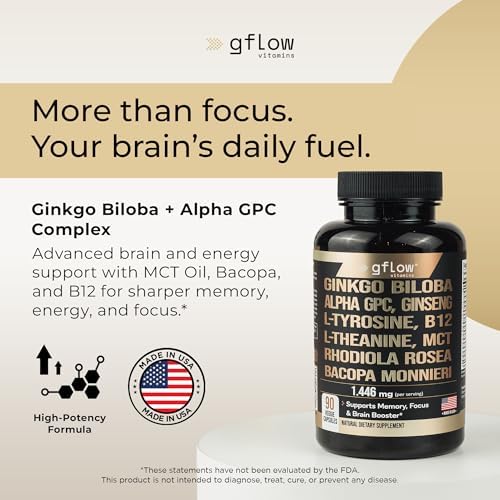 Suplemento de Ginkgo Biloba Gflow con Alpha GPC, Panax Ginseng, L-Tirosina, L-Teanina, Bacopa monnieri, Rhodiola Rosea, Fosfatidilserina, B12, MCT y - imagen 2