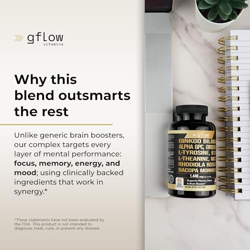Suplemento de Ginkgo Biloba Gflow con Alpha GPC, Panax Ginseng, L-Tirosina, L-Teanina, Bacopa monnieri, Rhodiola Rosea, Fosfatidilserina, B12, MCT y - imagen 3