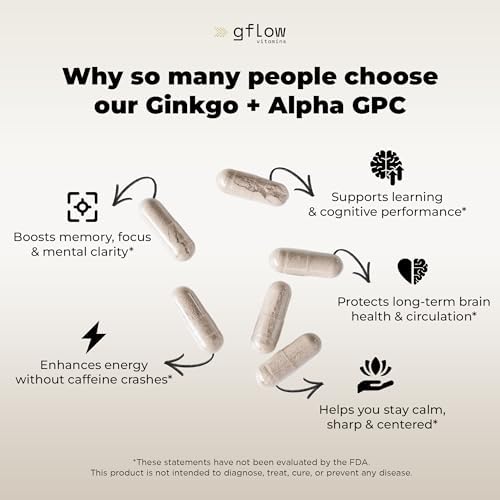 Suplemento de Ginkgo Biloba Gflow con Alpha GPC, Panax Ginseng, L-Tirosina, L-Teanina, Bacopa monnieri, Rhodiola Rosea, Fosfatidilserina, B12, MCT y - imagen 4