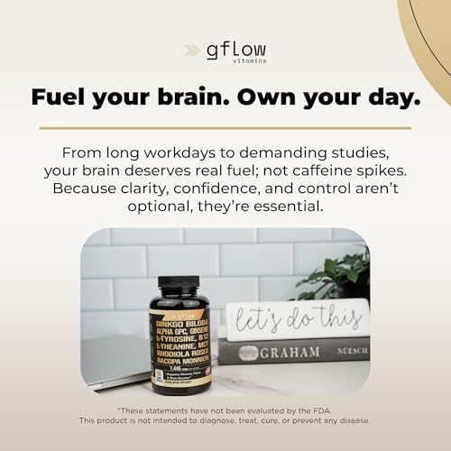 Suplemento de Ginkgo Biloba Gflow con Alpha GPC, Panax Ginseng, L-Tirosina, L-Teanina, Bacopa monnieri, Rhodiola Rosea, Fosfatidilserina, B12, MCT y - imagen 5