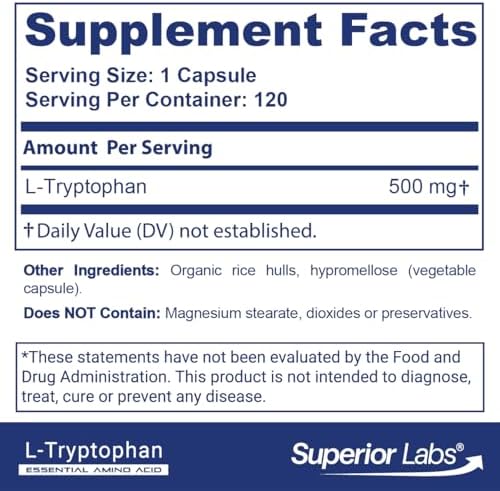 Cápsulas de L-Tryptófano 500 mg de Superior Labs, Aminoácido No Transgénico, Alta Absorción, Apoya Sueño y Ánimo, 120 Veganas - imagen 2