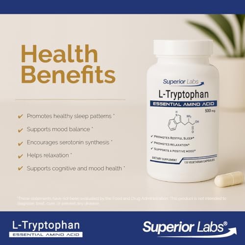 Cápsulas de L-Tryptófano 500 mg de Superior Labs, Aminoácido No Transgénico, Alta Absorción, Apoya Sueño y Ánimo, 120 Veganas - imagen 3
