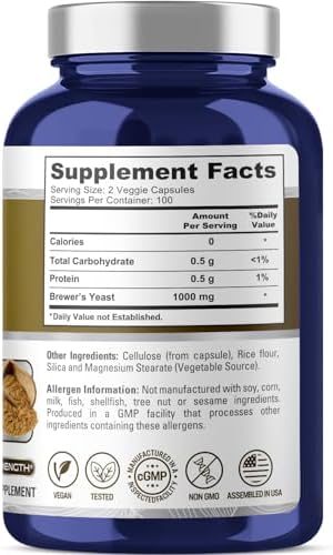 Levadura de Cerveza NusaPure - Vegetariana/Vegana, No GMO - 1000mg, 200 Cápsulas - imagen 2