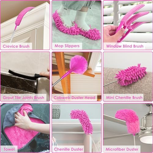 Duster de Microfibra ThinkLearn, 14 Piezas con Extensión, Plumero Flexible y Lavable para Techos Altos, Ventiladores y Persianas, Regalo Rosa para - imagen 8