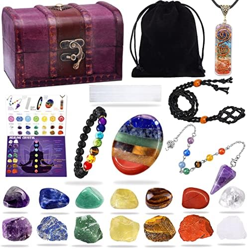 Set de 22 Piezas de Cristales Sanadores, Kits de Cuarzo Chakra en Caja de Madera (7 Piedras Chakra Crudas y 7 Pulidas, Pulsera de Lava, Collar - imagen 1