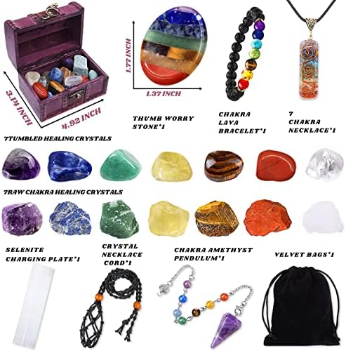 Set de 22 Piezas de Cristales Sanadores, Kits de Cuarzo Chakra en Caja de Madera (7 Piedras Chakra Crudas y 7 Pulidas, Pulsera de Lava, Collar - imagen 2