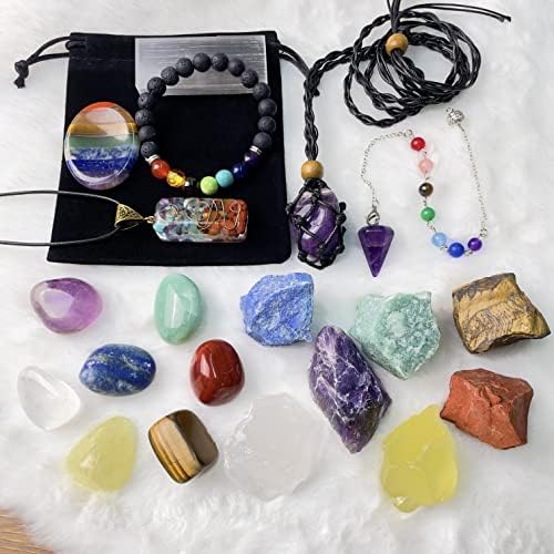 Set de 22 Piezas de Cristales Sanadores, Kits de Cuarzo Chakra en Caja de Madera (7 Piedras Chakra Crudas y 7 Pulidas, Pulsera de Lava, Collar - imagen 3