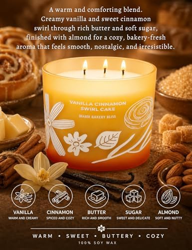 Vela Aromática de Pastel de Canela y Vainilla | Grande 3 Mechas de Soya | 14.5oz | Vela de Azúcar de Canela y Vainilla | Duradera y Limpia | Regalo - imagen 2