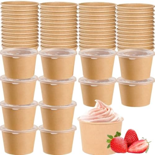 CEZOOWYEX 100 Piezas de Contenedores de Papel con Tapa, Tazas de Cartón para Helado de 8 Oz, Bowls Reutilizables para Sopa Caliente, Marrón - imagen 1