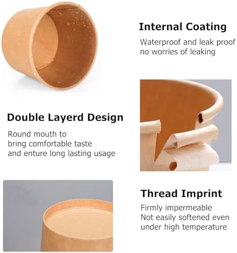 CEZOOWYEX 100 Piezas de Contenedores de Papel con Tapa, Tazas de Cartón para Helado de 8 Oz, Bowls Reutilizables para Sopa Caliente, Marrón - imagen 4