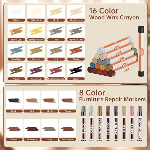 Kit de Reparación para Madera A-HEYIDA: 16 Crayones de Cera y 8 Marcadores para Muebles para Arañazos y Agujeros en Pisos y Gabinetes - imagen 3