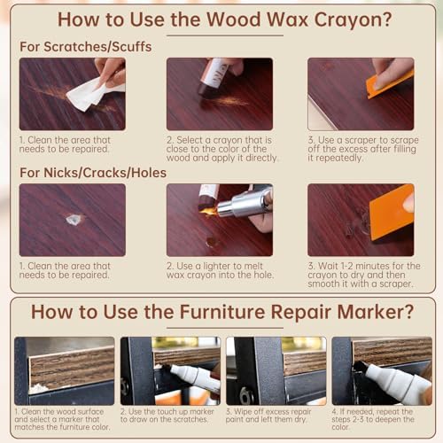 Kit de Reparación para Madera A-HEYIDA: 16 Crayones de Cera y 8 Marcadores para Muebles para Arañazos y Agujeros en Pisos y Gabinetes - imagen 5