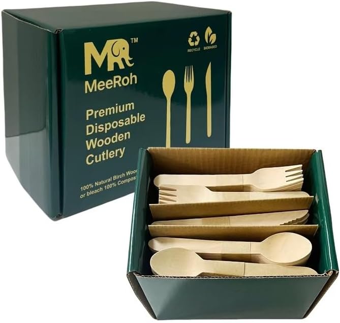 Set de Utensilios de Madera MeeRoh de 300 Piezas – Cubiertos Desechables Resistentes – Utensilios Ecológicos para Fiestas y Bodas – Cucharas, - imagen 1