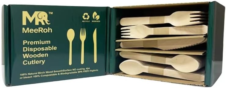 Set de Utensilios de Madera MeeRoh de 300 Piezas – Cubiertos Desechables Resistentes – Utensilios Ecológicos para Fiestas y Bodas – Cucharas, - imagen 6